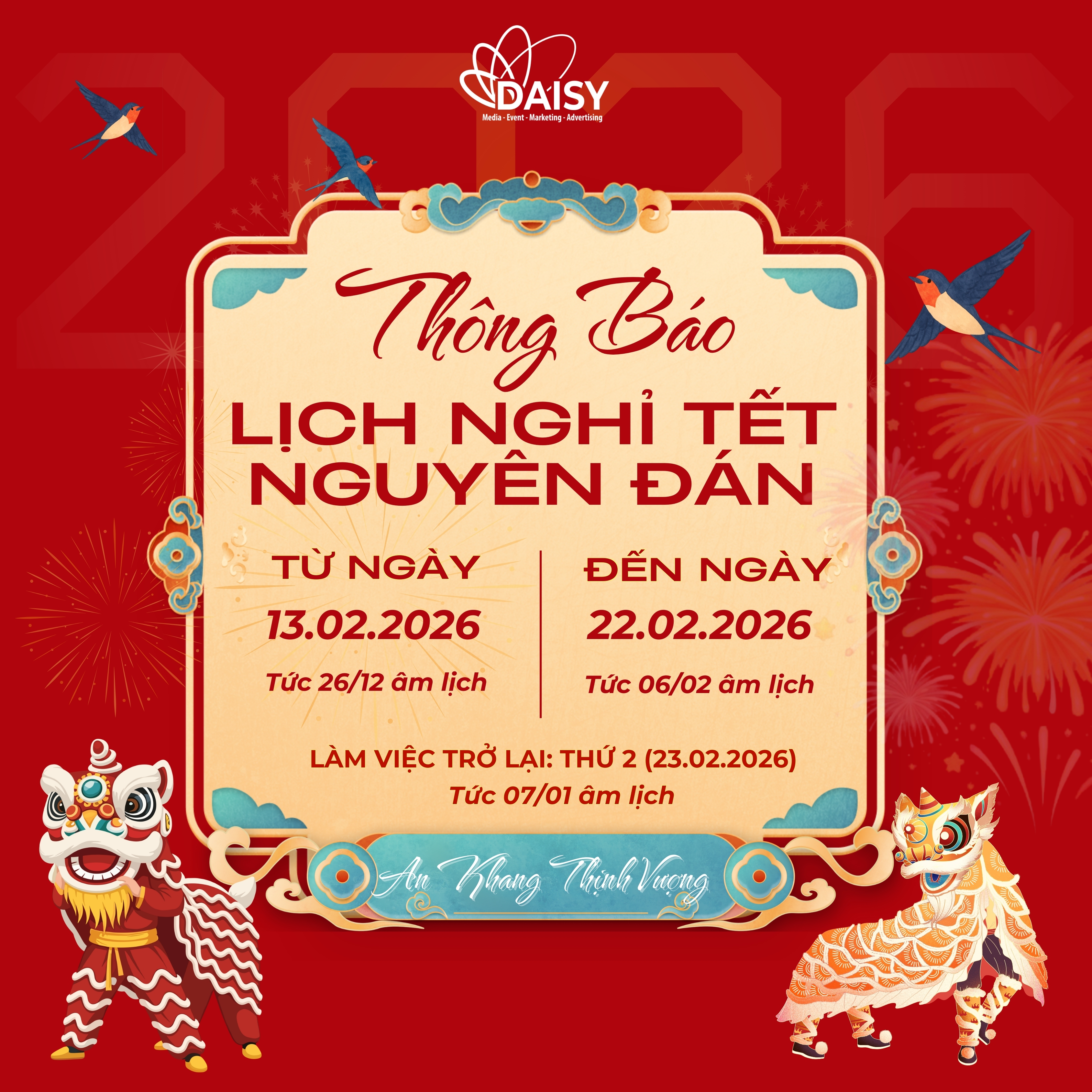 DAISY MEDIA THÔNG BÁO LỊCH NGHỈ TẾT NGUYÊN ĐÁN 2026